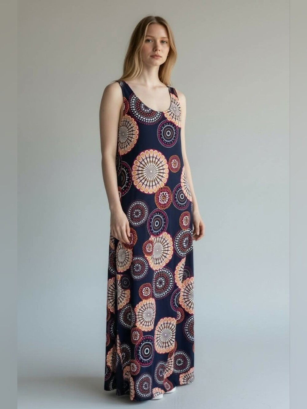 Signature by Robbie Bee Navy Maxi Dress with Peach Medallion Print